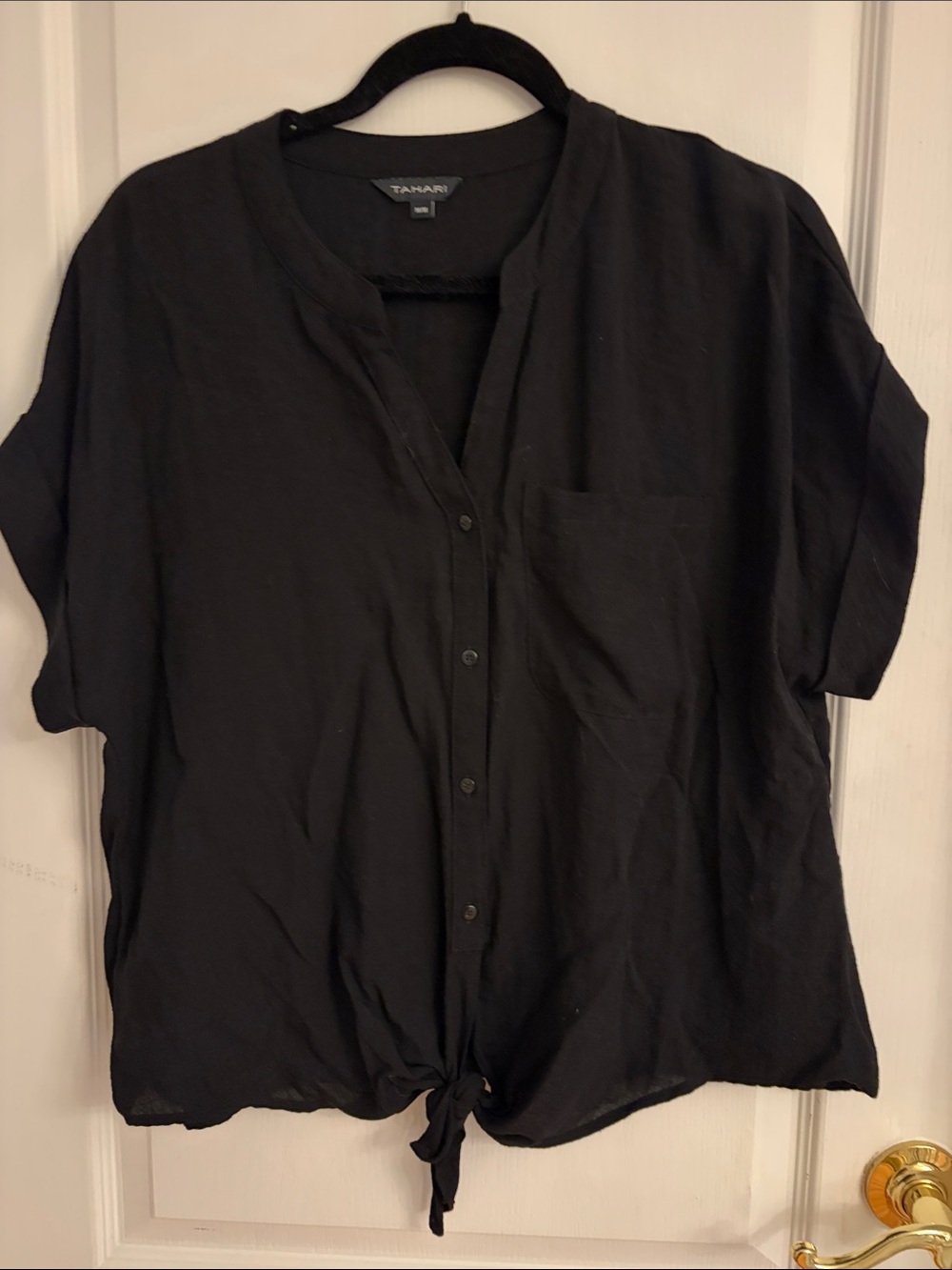 Tahari Black Short-Sleeve Button-Front Tie Hem Top